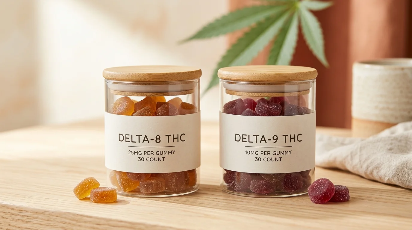 Delta-8 vs delta-9 THC gummies comparison on cream background